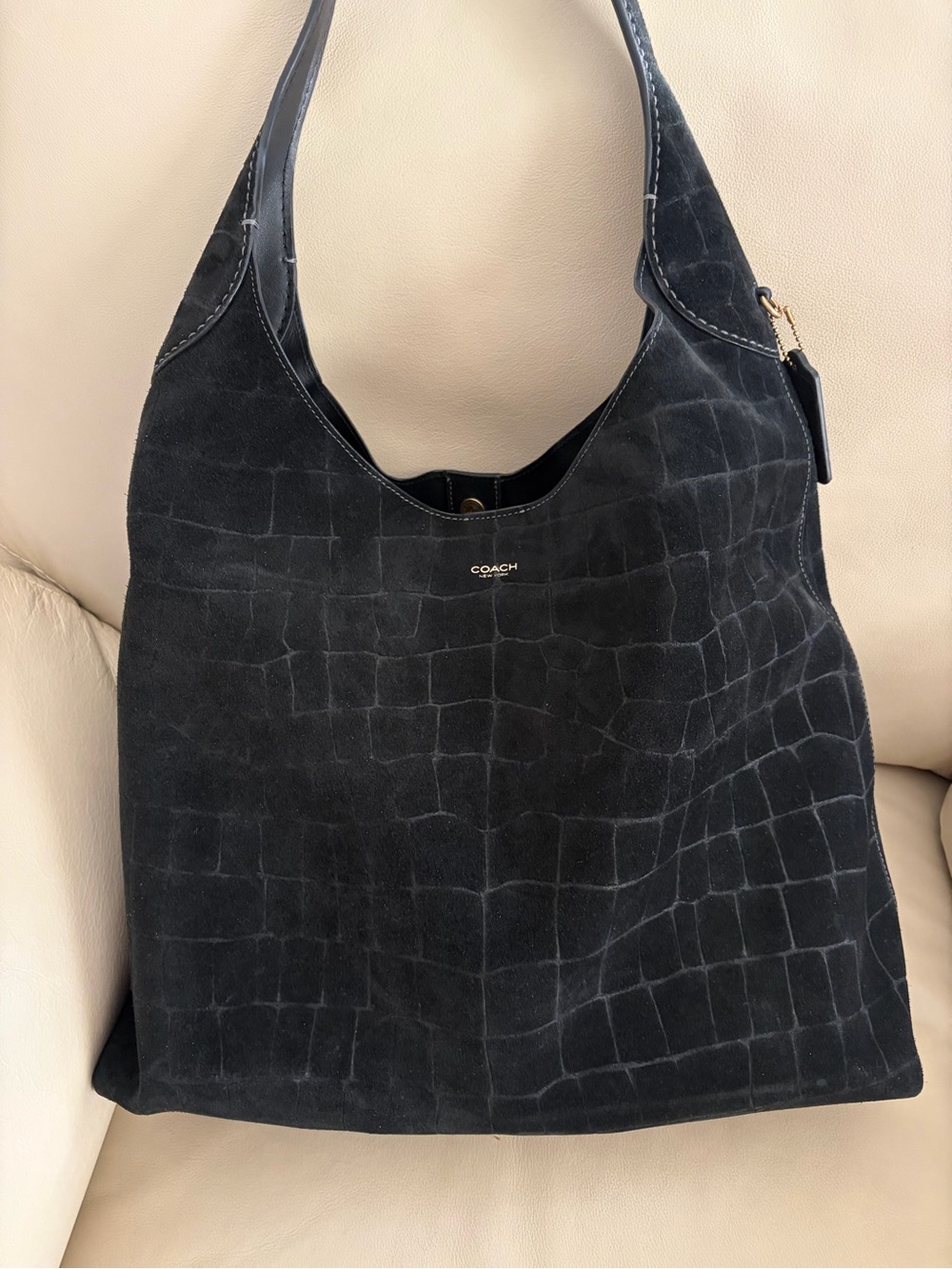 Coach Black Suede Croc-Embossed Shoulder Hobo